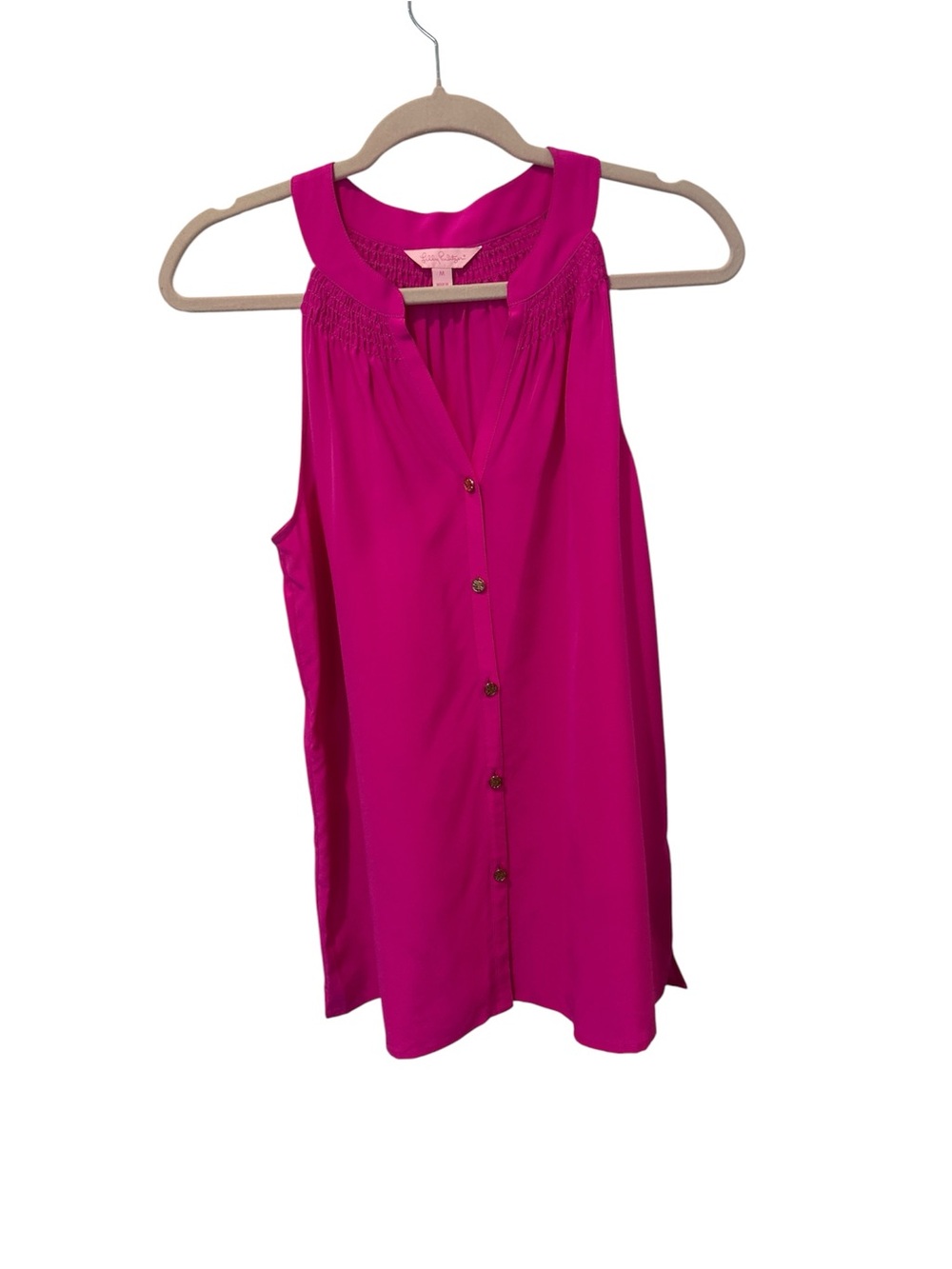 Lilly Pulitzer 100% Silk Hot Pink Smocked Top with Gold Buttons
